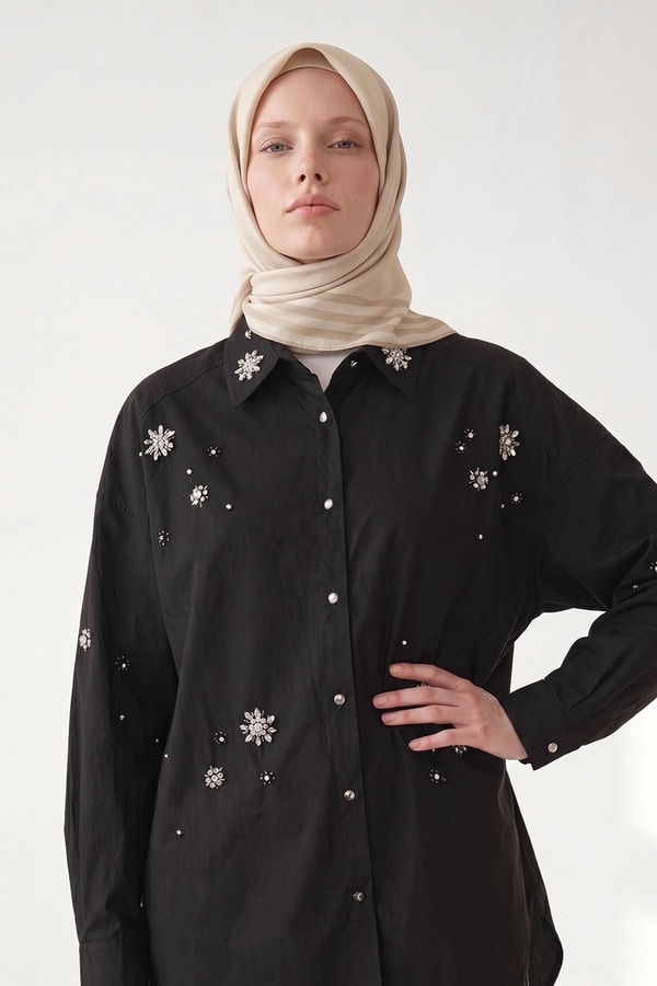 LevidorKrem Üç Çizgi Detaylı Twill İpek Eşarp