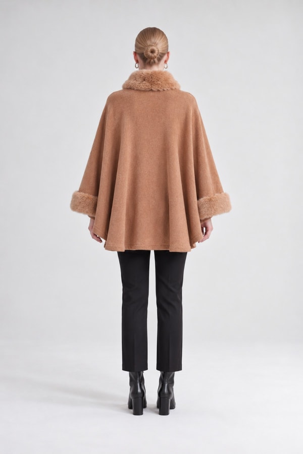 LevidorKürk Detaylı Kaşmir Panço Camel