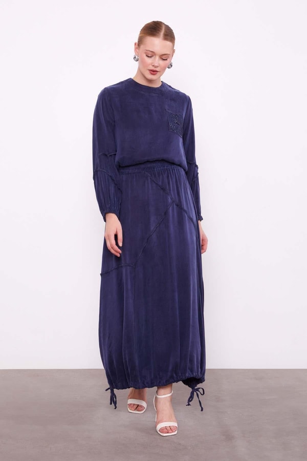 LevidorLacivert Asimetrik Fırfır Detaylı Cupra Etek Takım