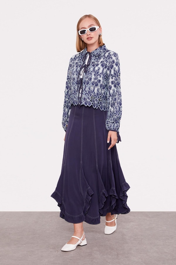 LevidorLacivert Bağcıklı Çiçek Desen Etek Takım