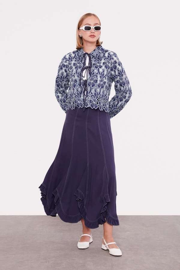 LevidorLacivert Bağcıklı Çiçek Desen Etek Takım