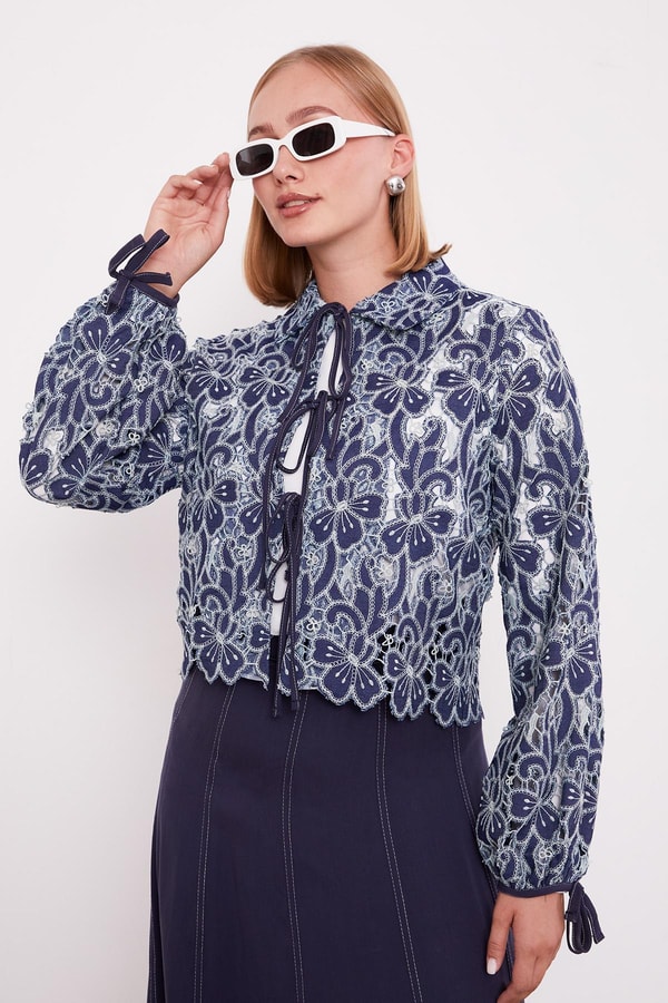 LevidorLacivert Bağcıklı Çiçek Desen Etek Takım