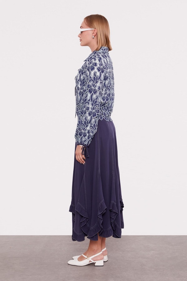 LevidorLacivert Bağcıklı Çiçek Desen Etek Takım