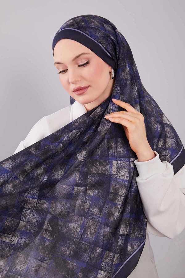 LevidorLacivert Baklava Desen Yün İpek Şal