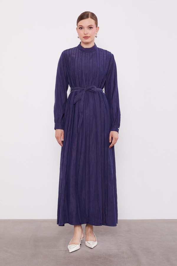 LevidorLacivert Bel Bağlamalı Pile Detaylı Cupra Elbise