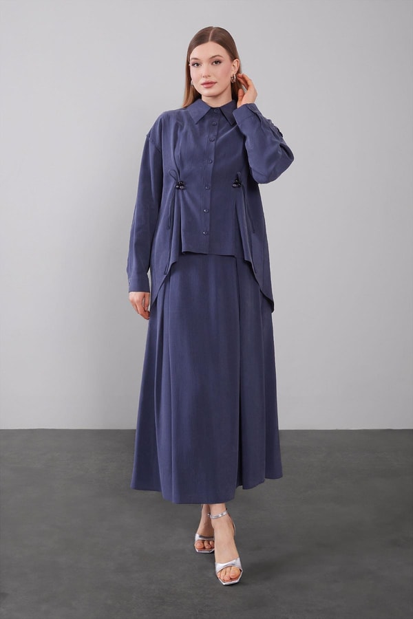 LevidorLacivert Boncuk Bağlama Detaylı Etek Takım