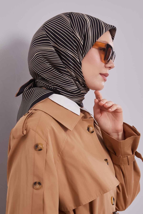 Levidorlacivert camel Çizgi Desen Twill İpek Eşarp