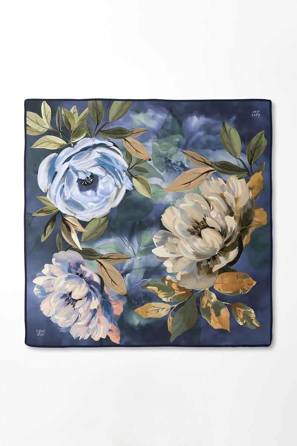 LevidorLacivert Çiçek Desenli Twill İpek Eşarp