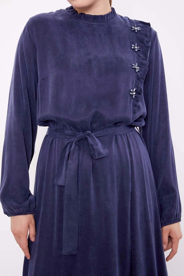 LevidorLacivert Çiçek Taş Detaylı Cupra Elbise