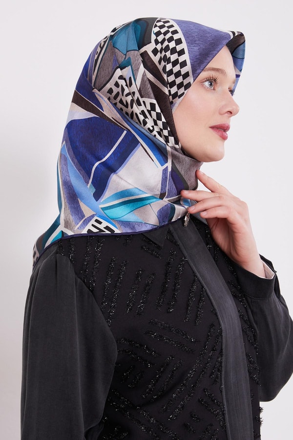 LevidorLacivert Dama Desen Twill İpek Eşarp
