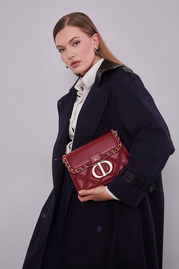 LevidorLacivert Deri Kumaş Detaylı Trençkot