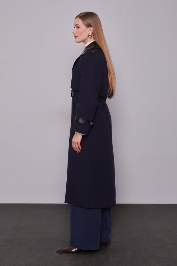 LevidorLacivert Deri Kumaş Detaylı Trençkot