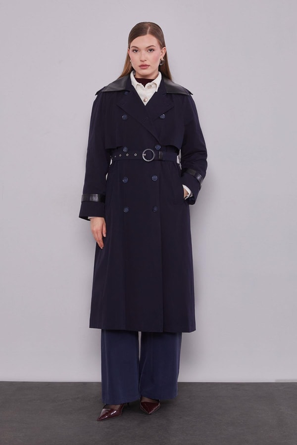 LevidorLacivert Deri Kumaş Detaylı Trençkot