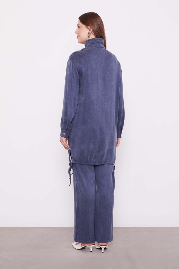 LevidorLacivert Dik Yaka Düğme Detaylı Cupra İkili Takım