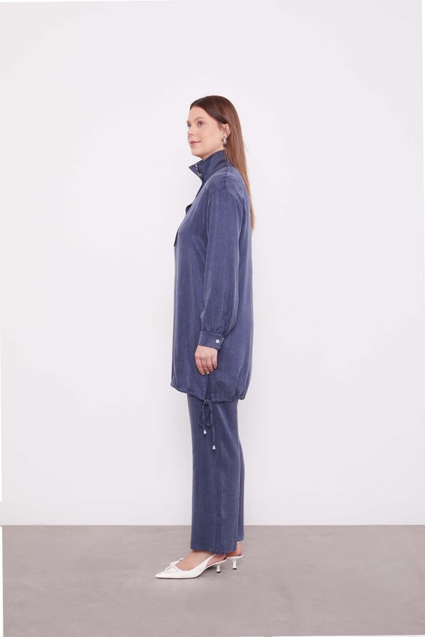 LevidorLacivert Dik Yaka Düğme Detaylı Cupra İkili Takım