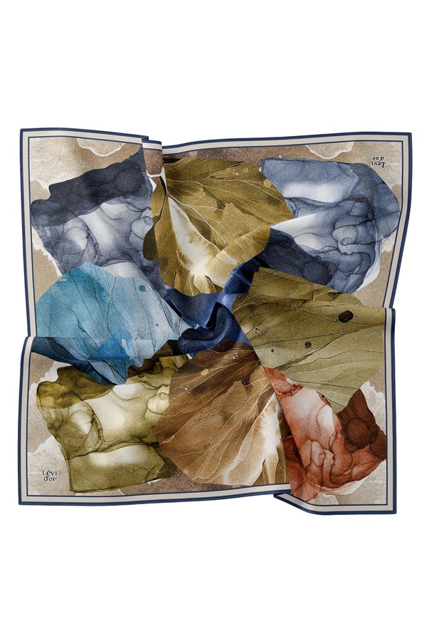 LevidorLacivert Ebruli Desen Twill İpek Eşarp