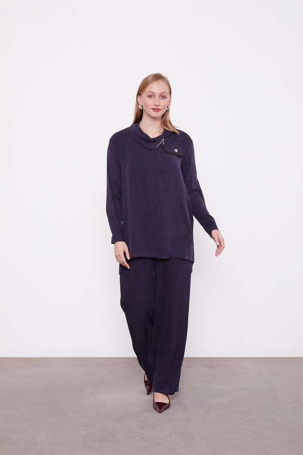 LevidorLacivert Fermuar Yaka Düğme Cep Detaylı Tunik Takım