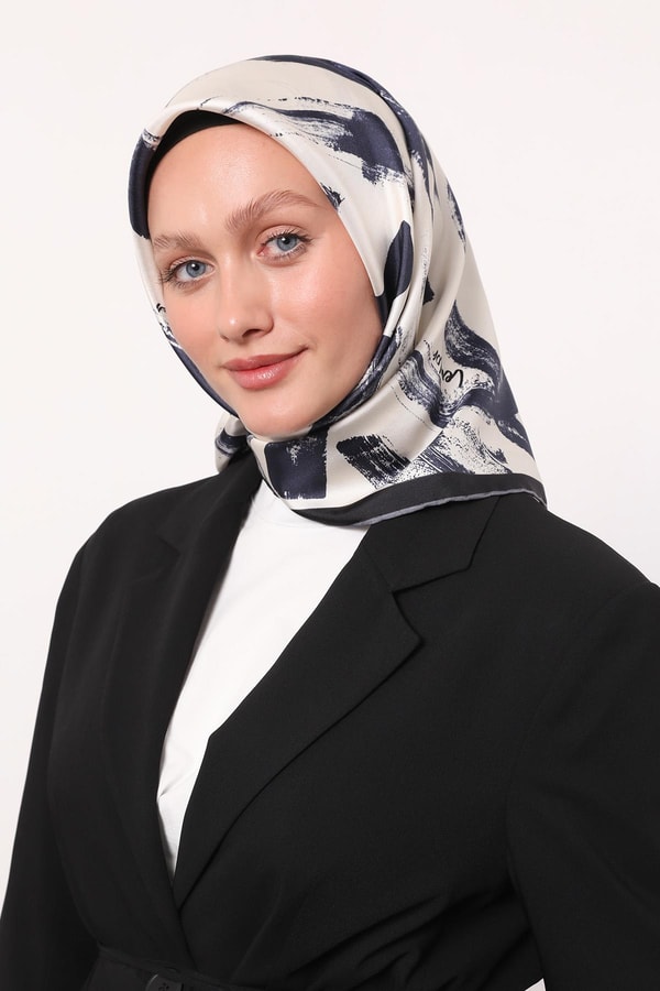 LevidorLacivert Fırça İzi Desen Twill İpek Eşarp