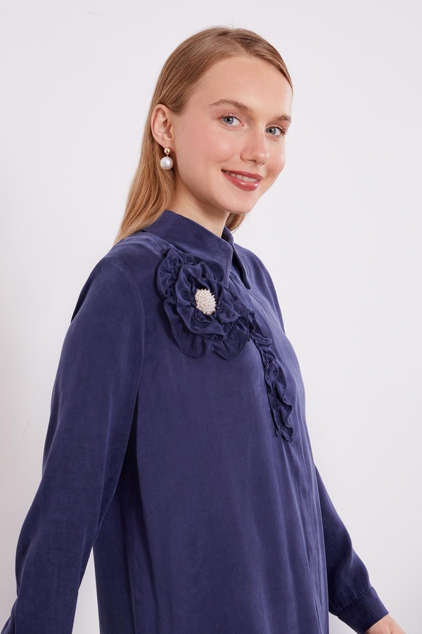 LevidorLacivert Fırfır Çiçek Detay Cupra Gömlek