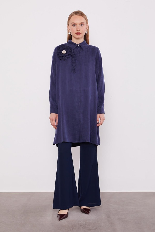 LevidorLacivert Fırfır Çiçek Detay Cupra Gömlek
