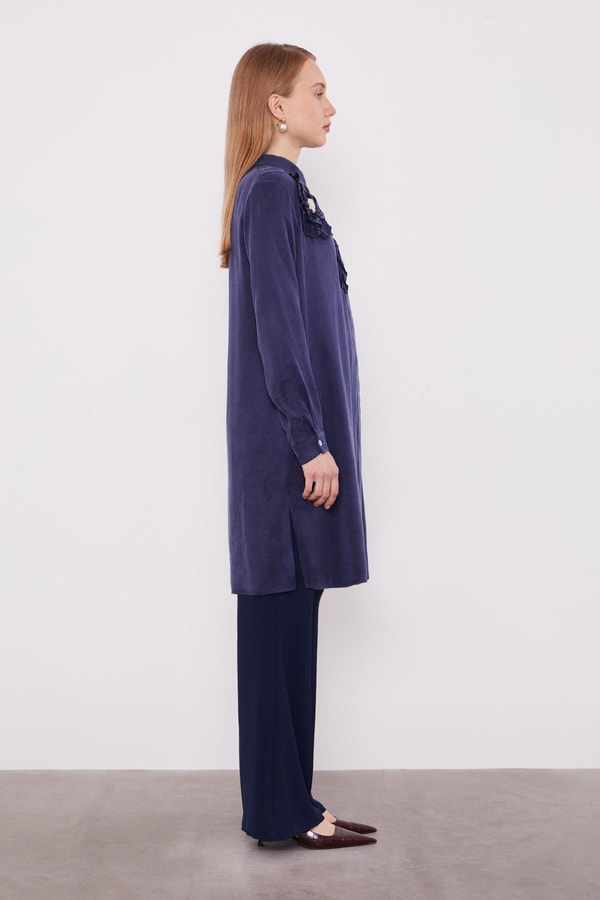 LevidorLacivert Fırfır Çiçek Detay Cupra Gömlek