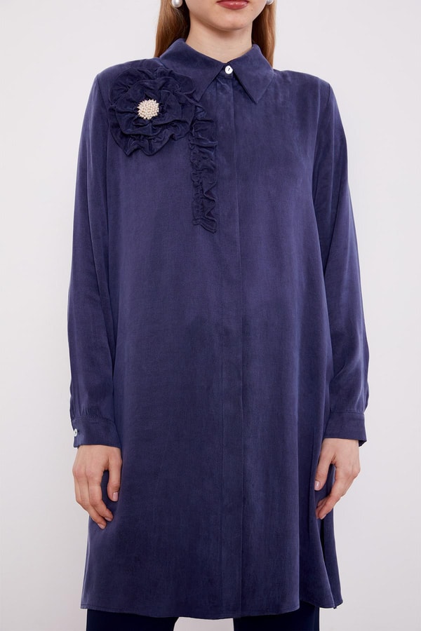 LevidorLacivert Fırfır Çiçek Detay Cupra Gömlek
