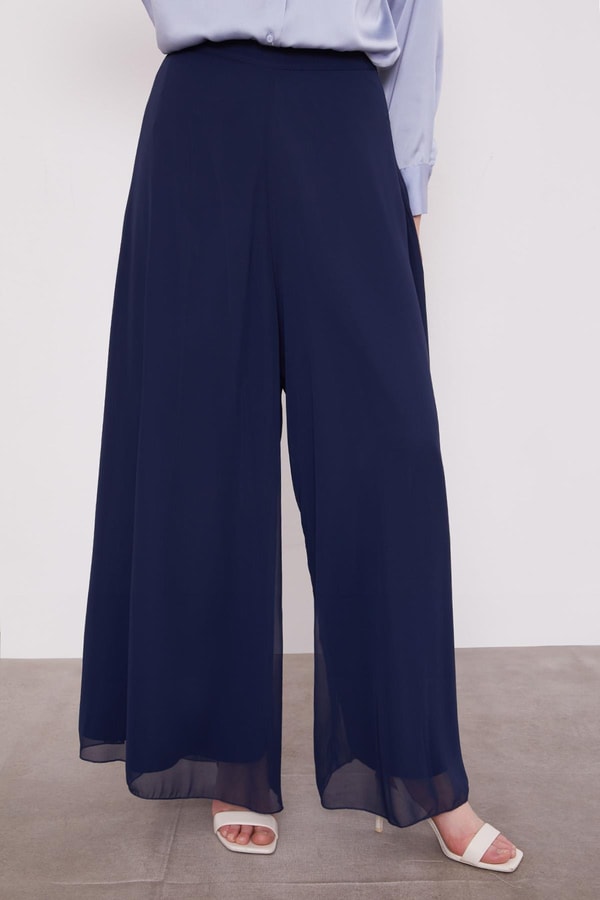 LevidorLacivert Geniş Paçalı Şifon Pantolon
