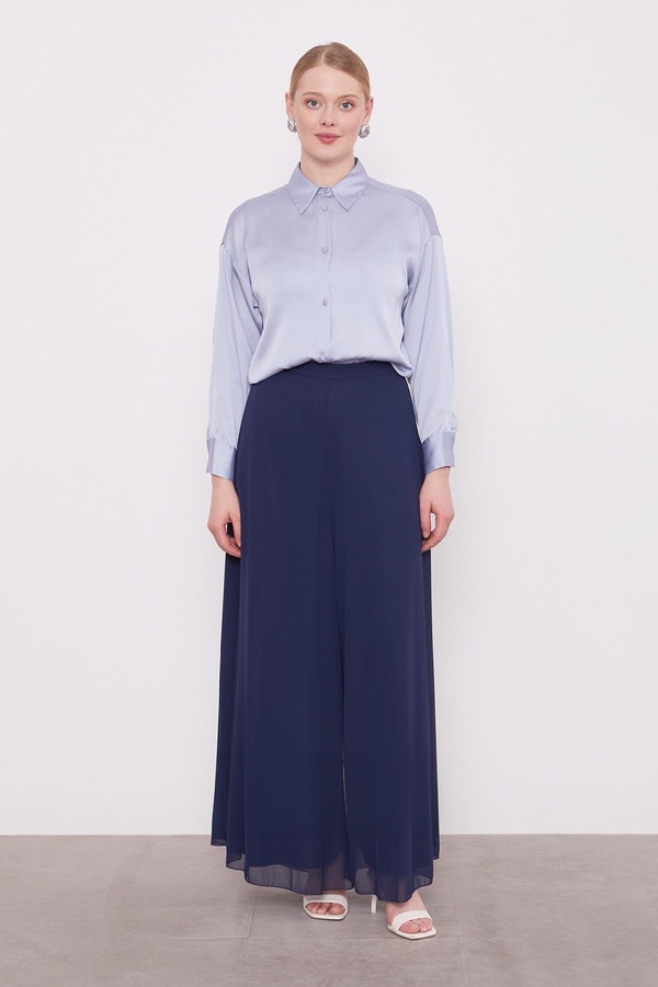 LevidorLacivert Geniş Paçalı Şifon Pantolon