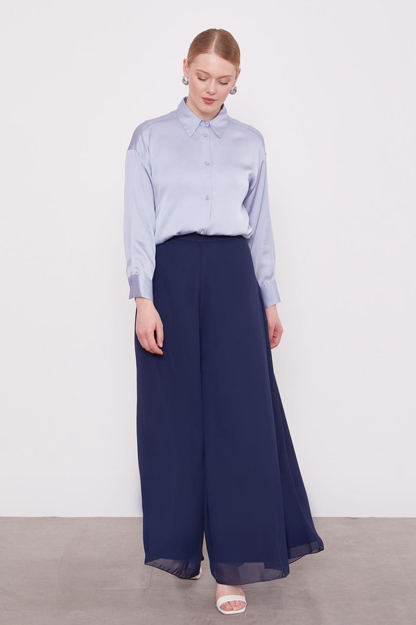 LevidorLacivert Geniş Paçalı Şifon Pantolon