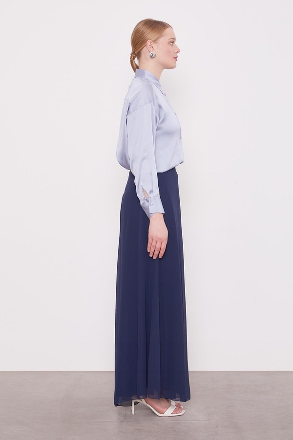 LevidorLacivert Geniş Paçalı Şifon Pantolon