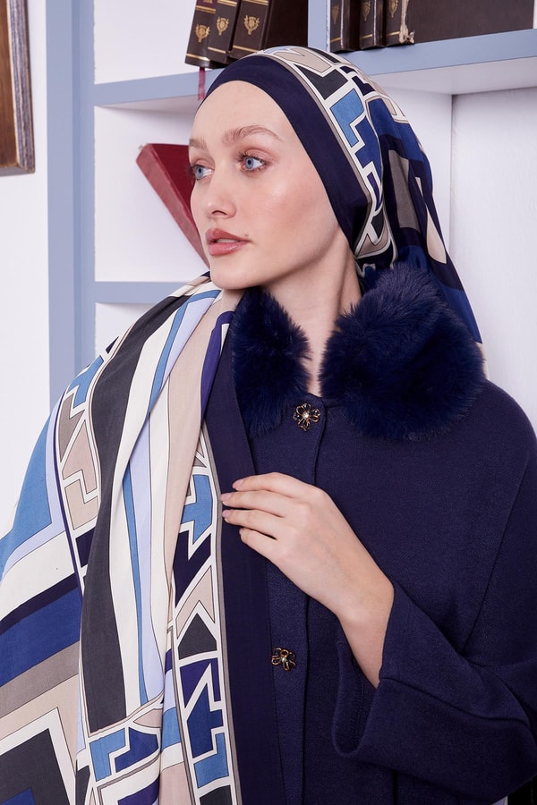 LevidorLacivert Geometrik Desen Royal Şal