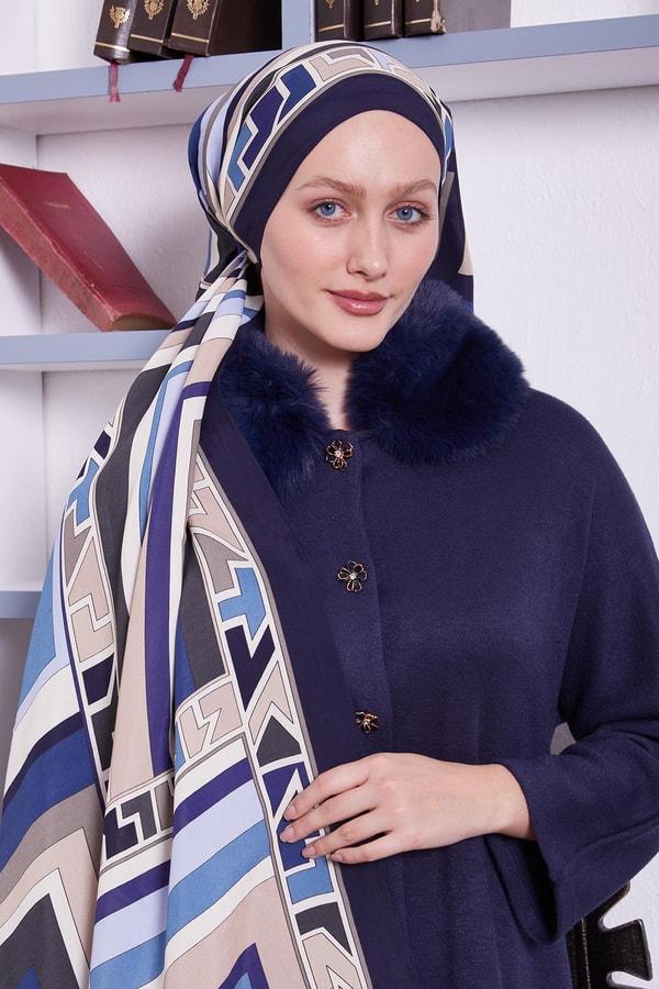 LevidorLacivert Geometrik Desen Royal Şal