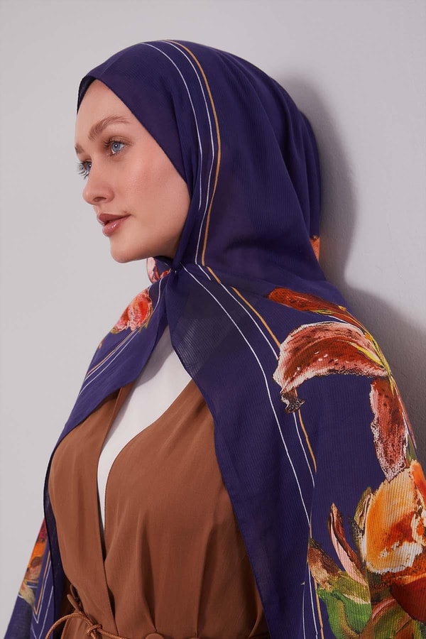 LevidorLacivert Gül Desen Pamuk Şal