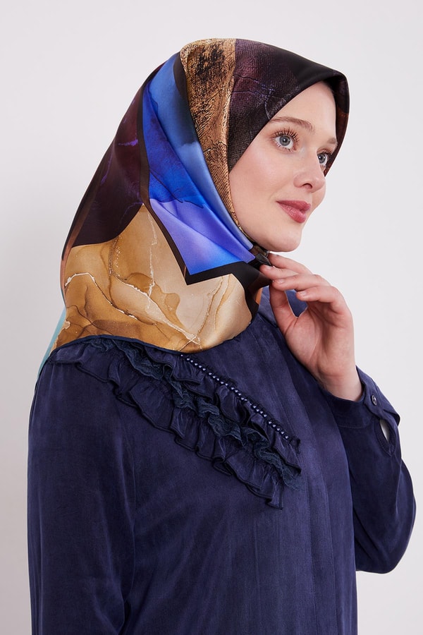LevidorLacivert Karışık Desen Twill İpek Eşarp