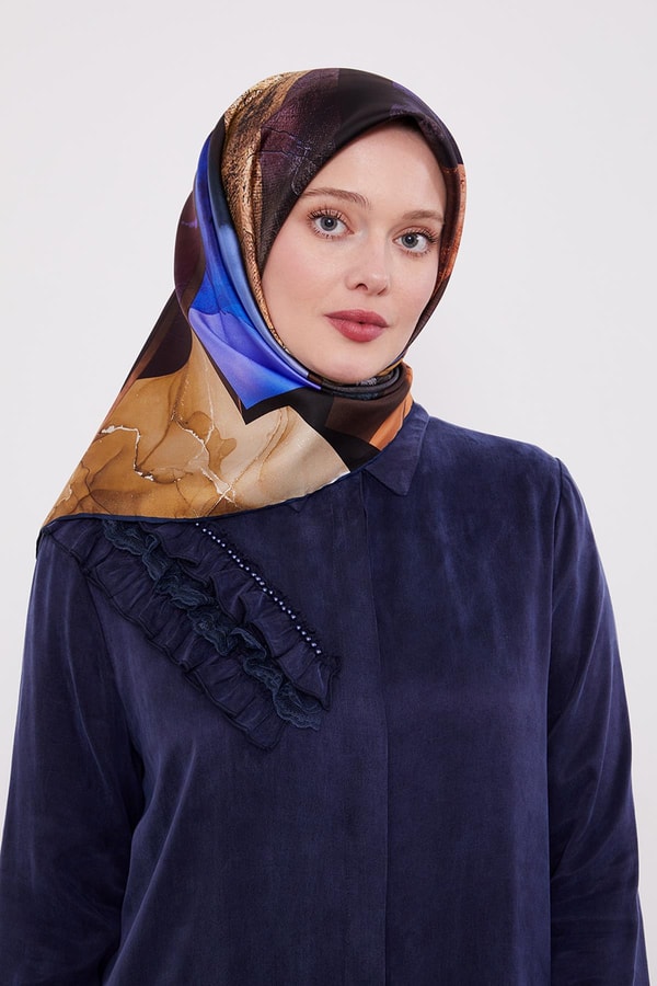 LevidorLacivert Karışık Desen Twill İpek Eşarp