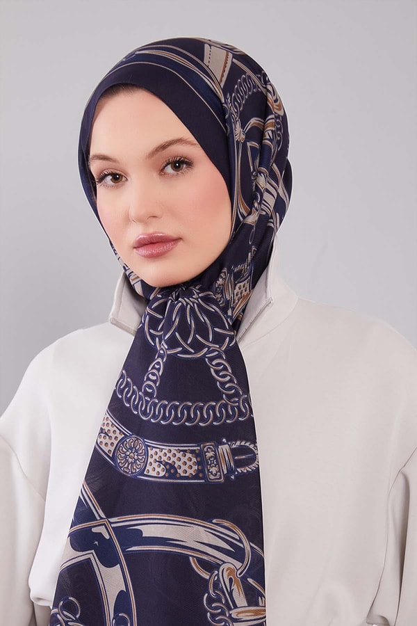 LevidorLacivert Karışık Desenli Yün İpek Şal