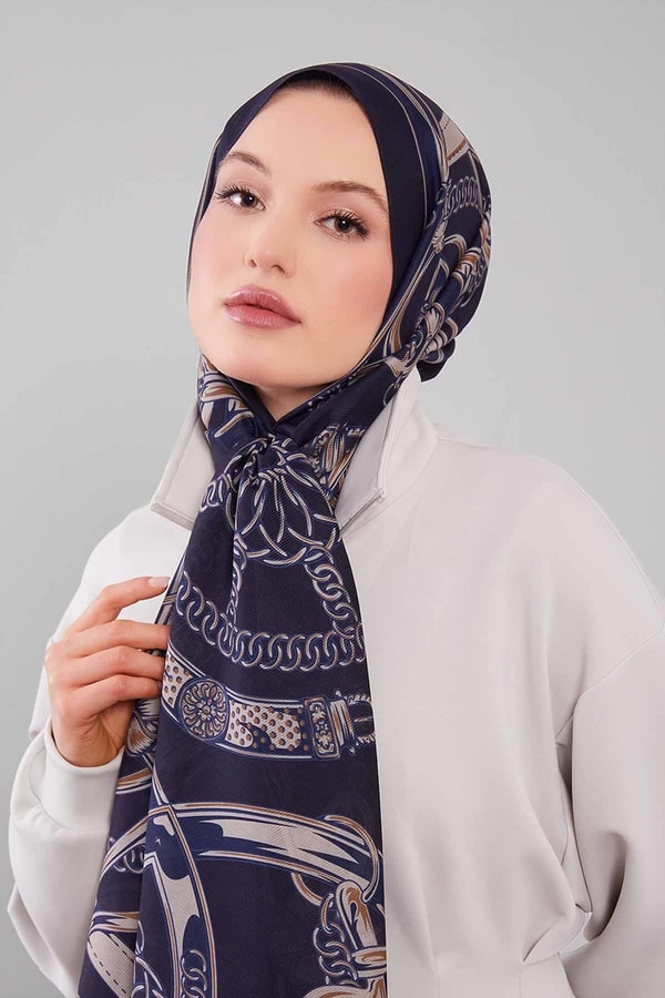 LevidorLacivert Karışık Desenli Yün İpek Şal