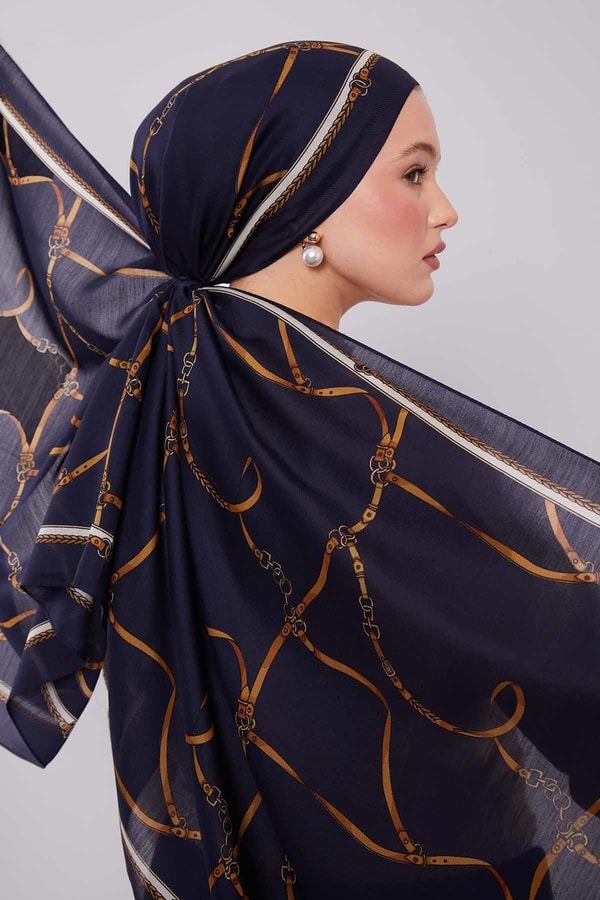 LevidorLacivert Kemer Desenli Yün İpek Şal
