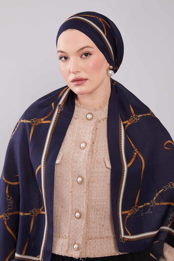 LevidorLacivert Kemer Desenli Yün İpek Şal