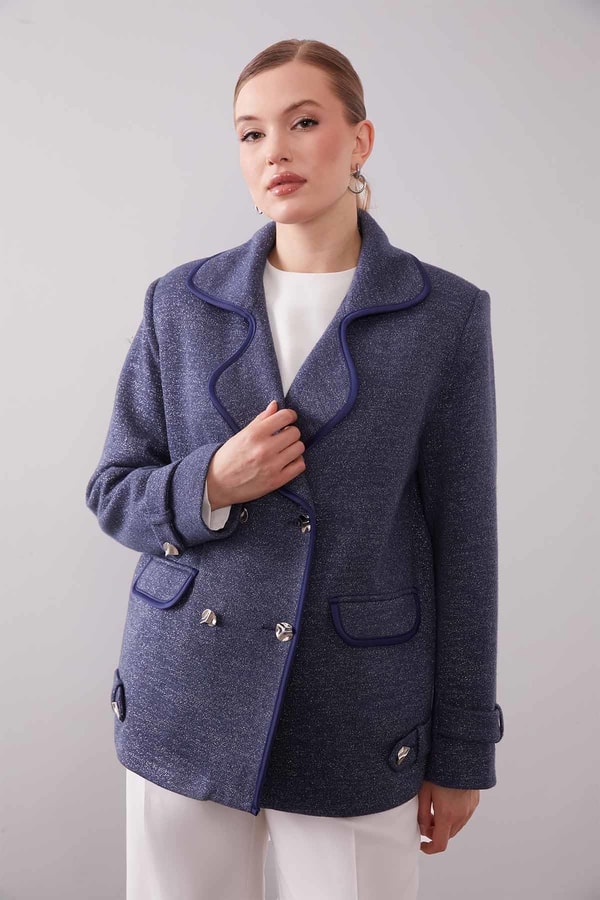 LevidorLacivert Kruvaze Kenar Şeritli Kaşmir Ceket