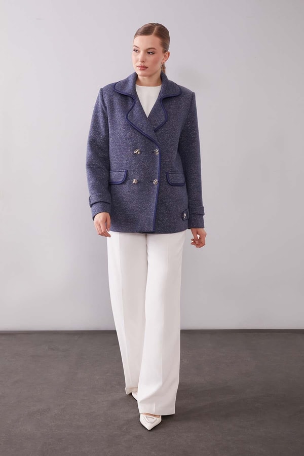 LevidorLacivert Kruvaze Kenar Şeritli Kaşmir Ceket