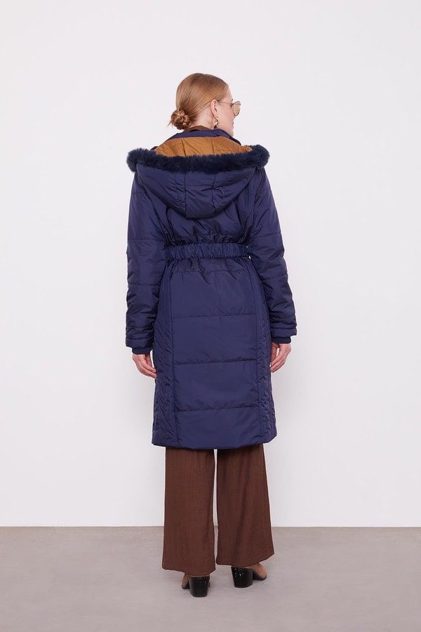 LevidorLacivert Kürk Şapkalı Şişme Mont