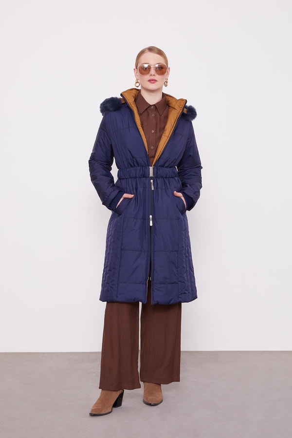 LevidorLacivert Kürk Şapkalı Şişme Mont