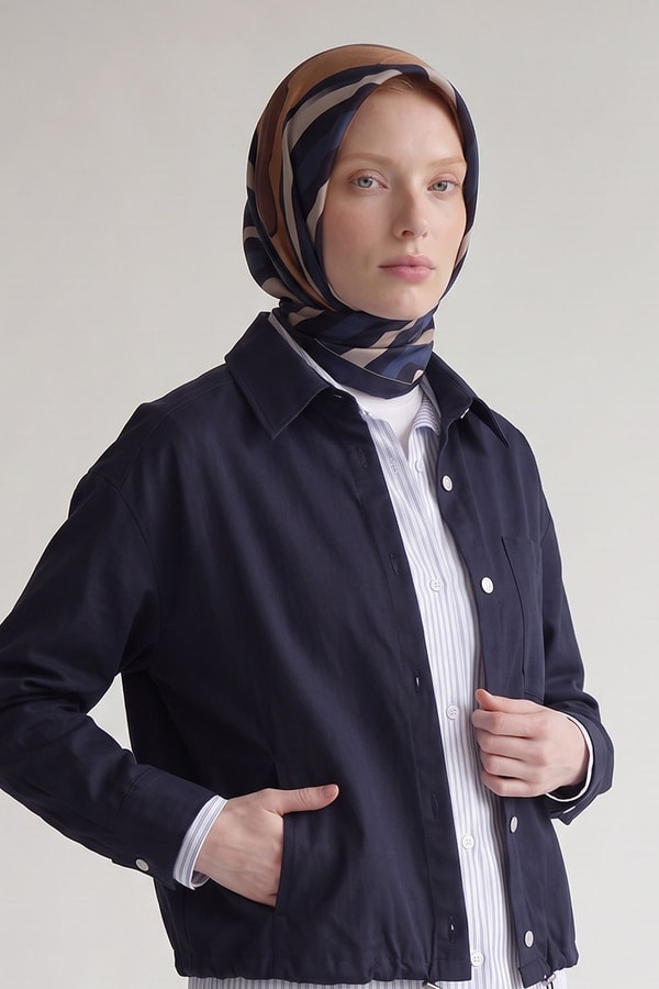 LevidorLacivert Şerit Detaylı Twill İpek Eşarp