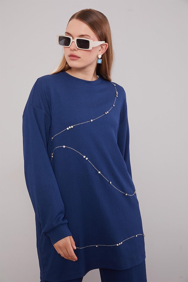 LevidorLacivert Şerit Taş Detaylı İkili Takım