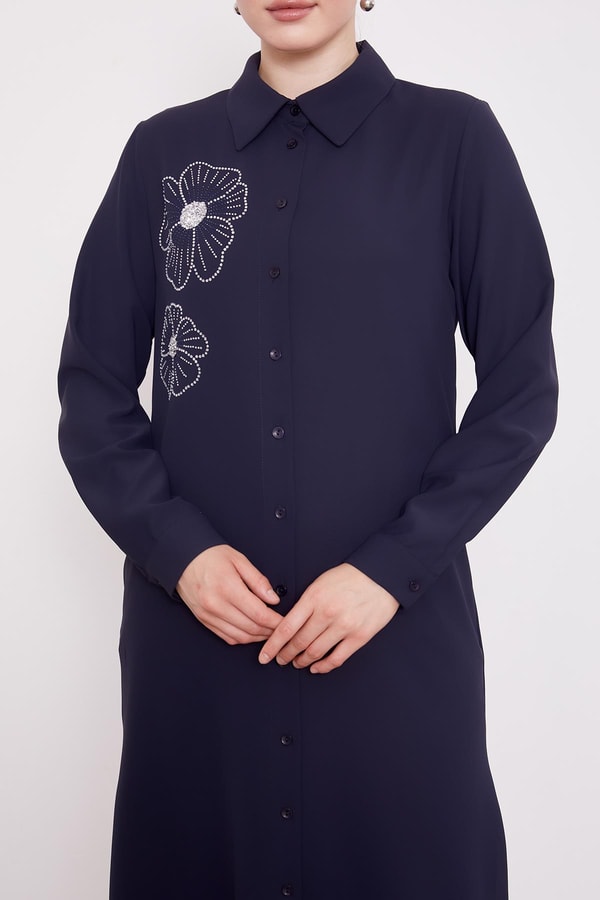 LevidorLacivert Taş Çiçek Desen Baskılı Tunik