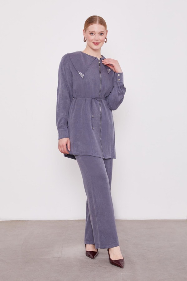 LevidorLacivert Yakası Taşlı Cupra İkili Takım