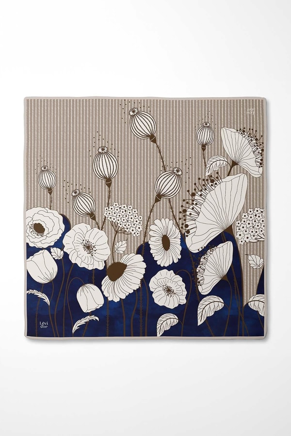 LevidorLacivert Zambak Çiçek Desen Twill İpek Eşarp