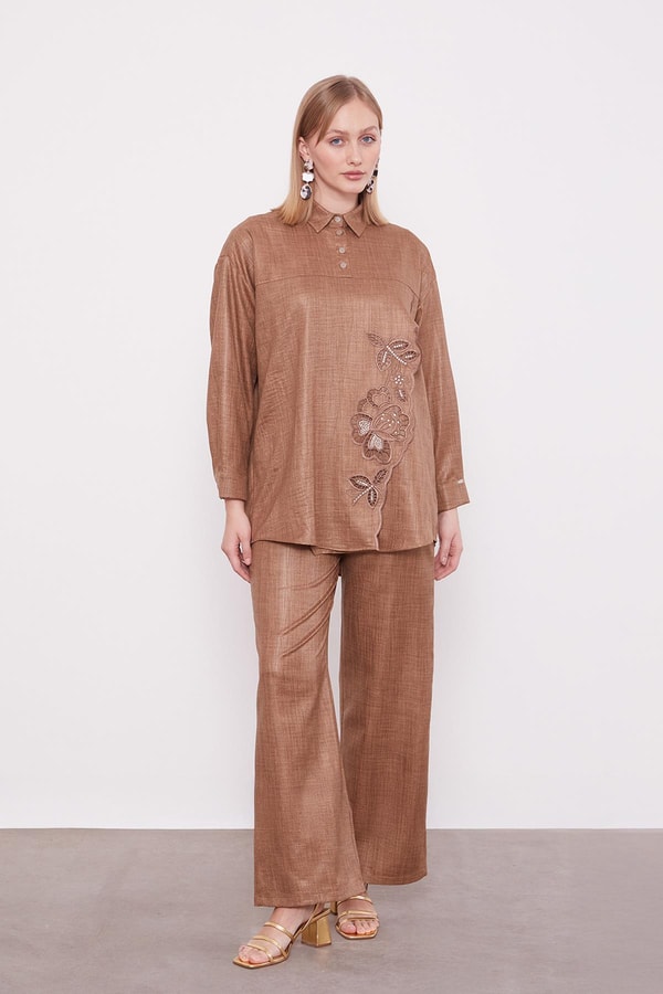 LevidorLatte Nakış Gül Detaylı Tunik Takım