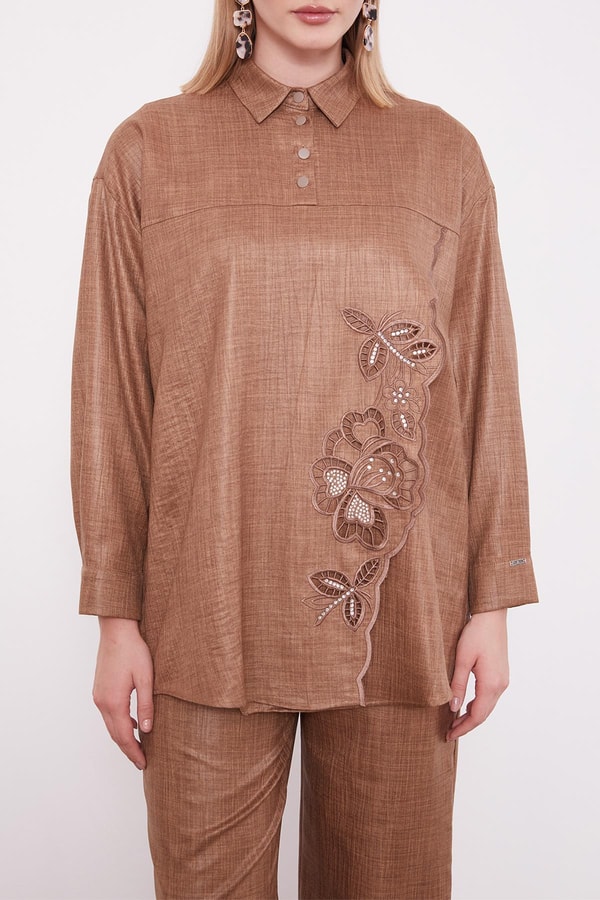 LevidorLatte Nakış Gül Detaylı Tunik Takım